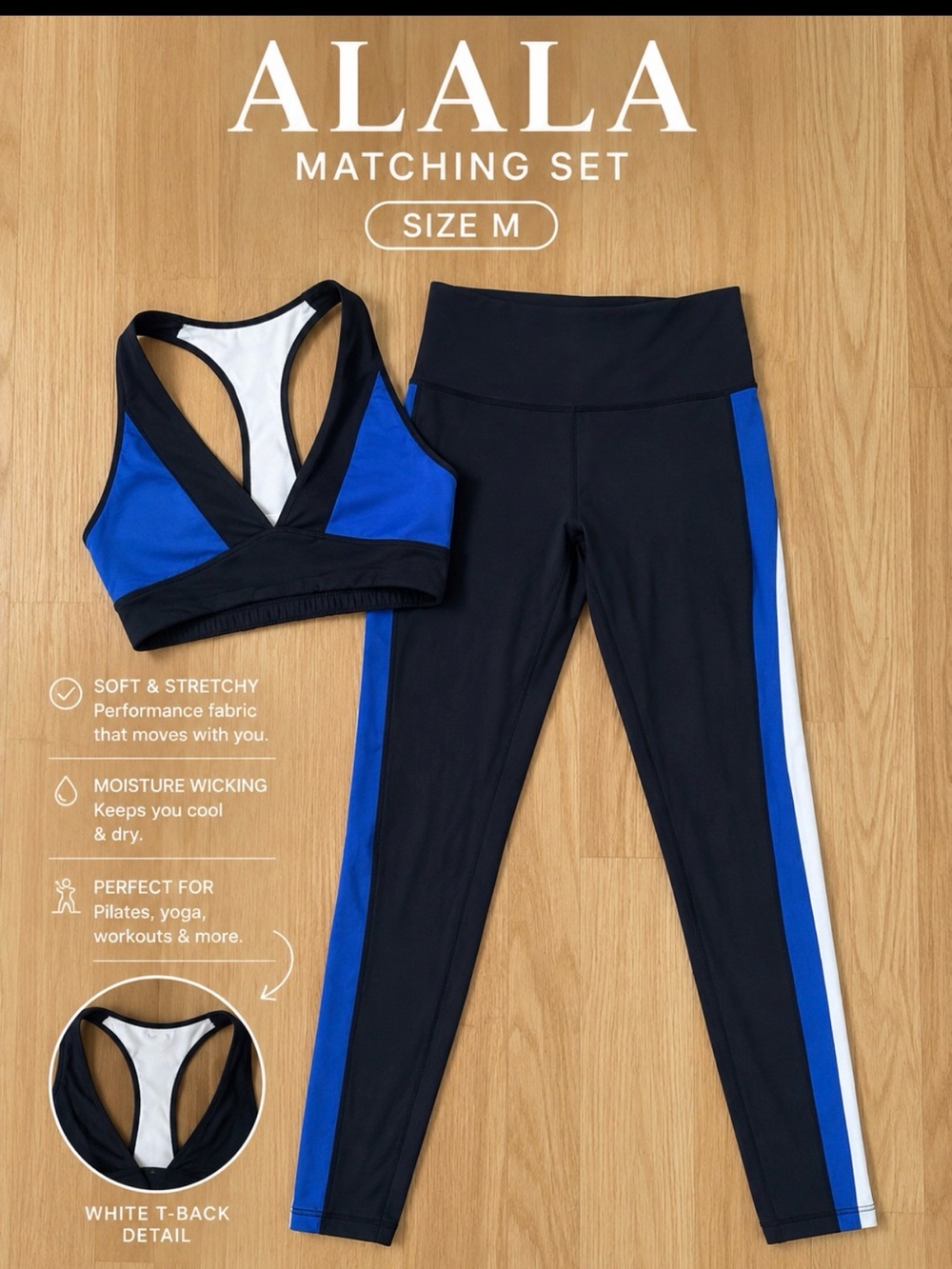 ALALA Black Blue Colorblock Sports Bra & Leggings Set Size M